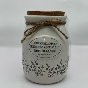 Eccolo Ceramic Jar White Floral  Decoration Wood Lid Her Children Rise Up And ..
